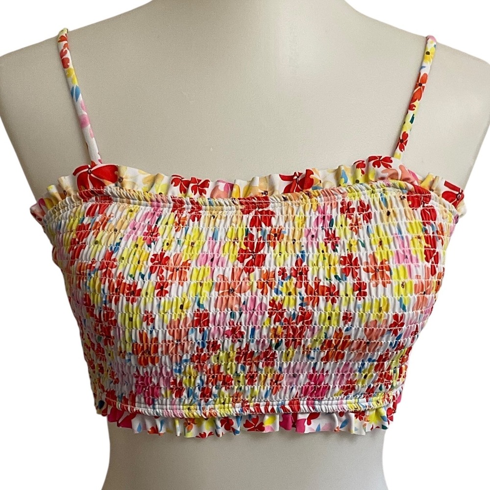 Floral Smocked Ruffle Crop Top Womens Medium Multi Color